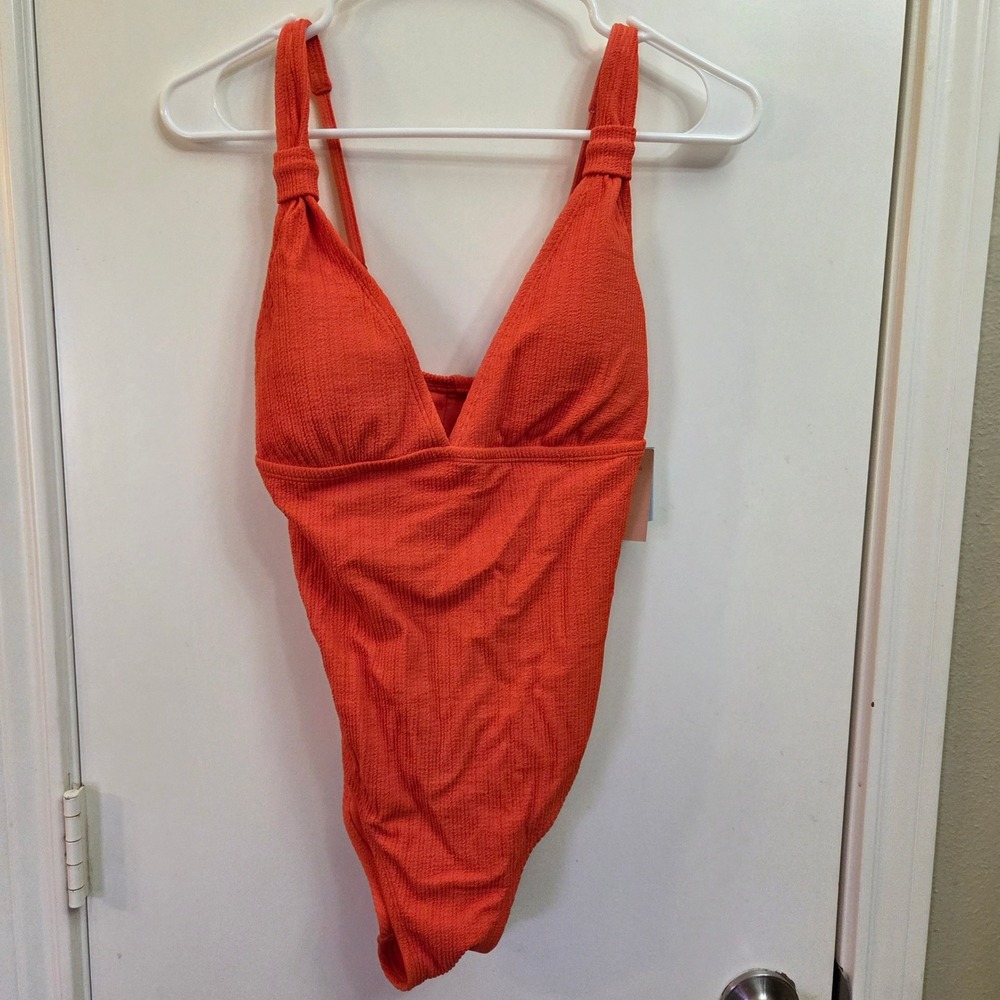 Shade & Shore Orange Ribbed One Piece Swimsuit V-Neck Full Coverage Size M 8-10